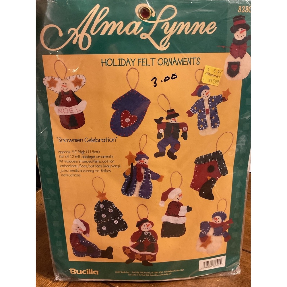 Bucilla Alma Lynne 83804 Snowmen Celebration Holiday Felt Ornaments Kit